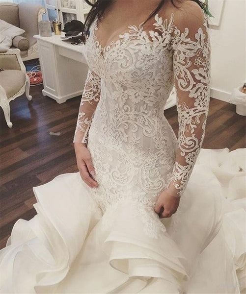 Magníficos vestidos de novia de manga larga con cuello festoneado Vestido de novia de sirena de organza