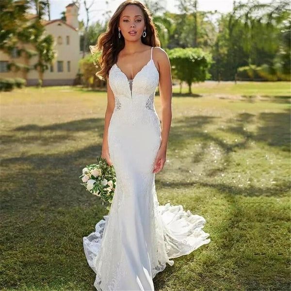 VLLUSISA vaina vestidos de novia Sexy cuello en V correa de espagueti encaje apliques vestidos de novia