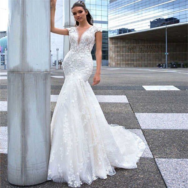 Sexy Beading Deep V-neck Sheath Wedding Gown Cap Sleeve Backless Lace Flower Wedding Dress