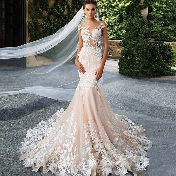 Illusion Cap Sleeve Mermaid Wedding Gown Light Champagne Backless Lace Appliqued Wedding Dress