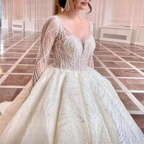 Fashion Beading Long Sleeve Bridal Gown Deep V-neck Princess Ball Gown Wedding Dress