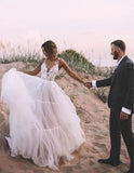 Vestidos de novia bohemios románticos con cuello en V sin mangas de encaje flores vestidos de novia de playa