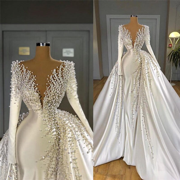 Vestido de noiva de luxo com decote em V profundo manga longa bainha frisada Arábia Saudita vestido de noiva com cauda destacável