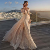 Illusion Lace Wedding Gowns Long Sleeve Sheath Wedding Dresses With Detachable Tail