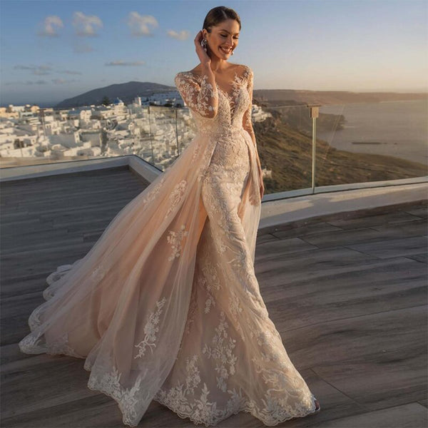 Vestidos de noiva de renda ilusão manga longa bainha vestidos de noiva com cauda destacável