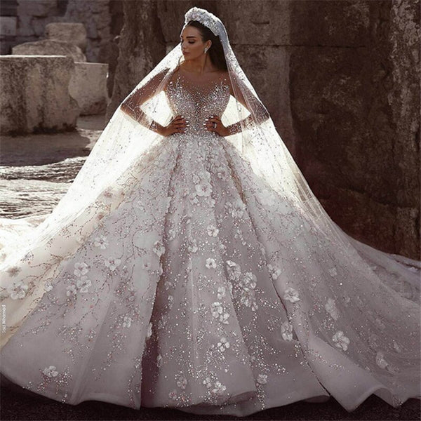 High-end Ultrathin Long Sleeve Dubai Wedding Gown 3D Lace Flower Ball Gown Wedding Dress