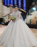 Fancy Beading Lace Cathedral Wedding Dress Illusion O-neck Long Sleeve Ball Gown Bridal Dress