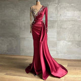 Fashion Long Sleeve Satin Evening Dresses Handmade Pleated Beading Evening Gowns