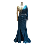 Fashion Long Sleeve Satin Evening Dresses Handmade Pleated Beading Evening Gowns