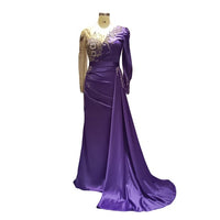 Fashion Long Sleeve Satin Evening Dresses Handmade Pleated Beading Evening Gowns