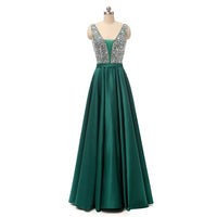 Fashion Sparkle Evening Gowns V-Neck Sleeveless Beading Satin Evening Dresses