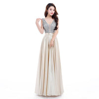 Fashion Sparkle Evening Gowns V-Neck Sleeveless Beading Satin Evening Dresses