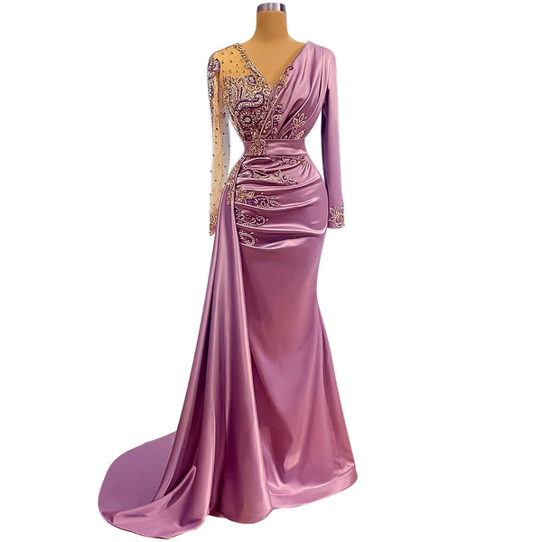 Modest Long Sleeve Satin Evening Dresses Women Handmade Beading Evening Gowns