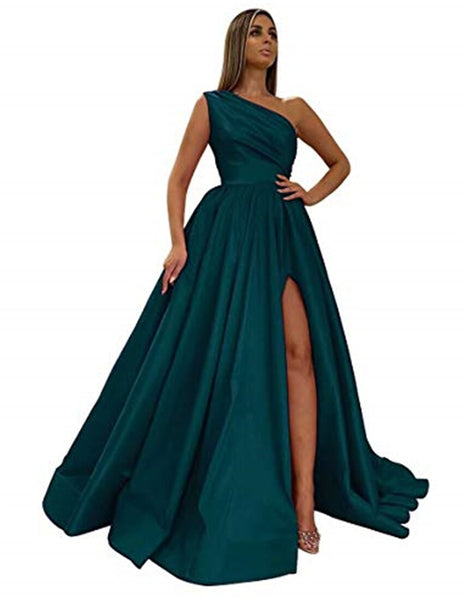 Fashion A Line One Shoulder Elastic Satin Evening Dresses Women High Slit Evening Gowns