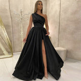 Fashion A Line One Shoulder Elastic Satin Evening Dresses Women High Slit Evening Gowns