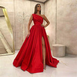 Fashion A Line One Shoulder Elastic Satin Evening Dresses Women High Slit Evening Gowns