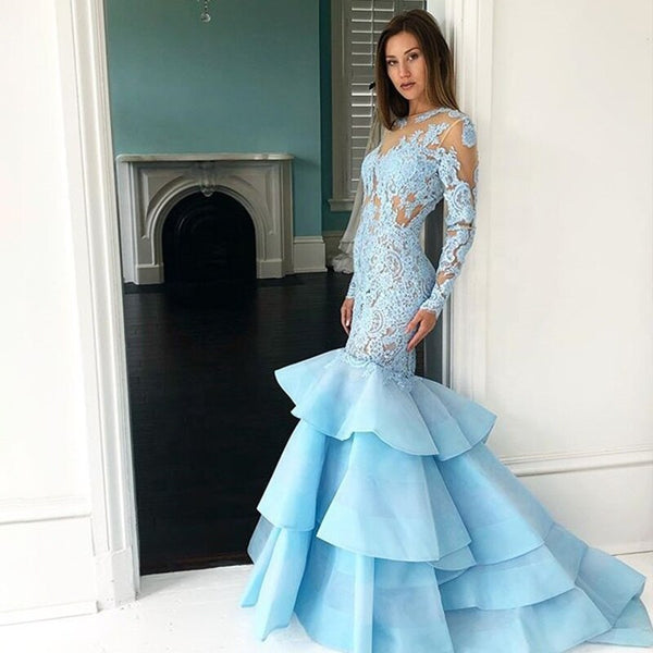 VLLUSISA Long Sleeve Mermaid Tiered Evening Dresses Custom Made Sky Blue Lace Evening Gowns