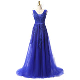 Fashion V-Neck Sleeveless Evening Gowns Open Back Beading Lace Evening Dresses