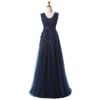 Fashion V-Neck Sleeveless Evening Gowns Open Back Beading Lace Evening Dresses