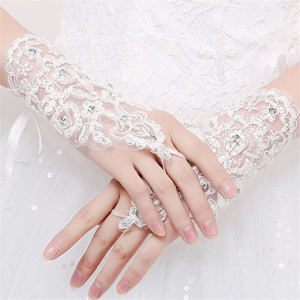 Gran oferta de guantes de novia de encaje sin dedos, guantes de boda con diamantes de imitación a la moda