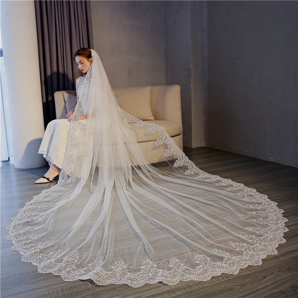 Fancy Long Ultrathin Lace Bridal Veil Cathedral Wedding Veil With Comb