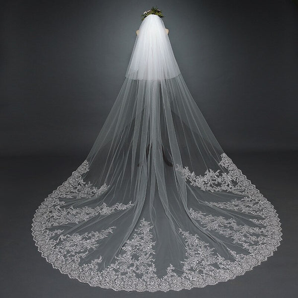 Big Trailing Lace Trim Wedding Veil Sequined Cathedral Bridal Veil