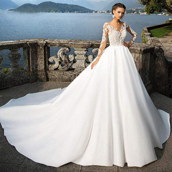 VLLUSISA O-Neck Long Sleeve Beach Bridal Gowns A-line Lace Satin Wedding Dresses